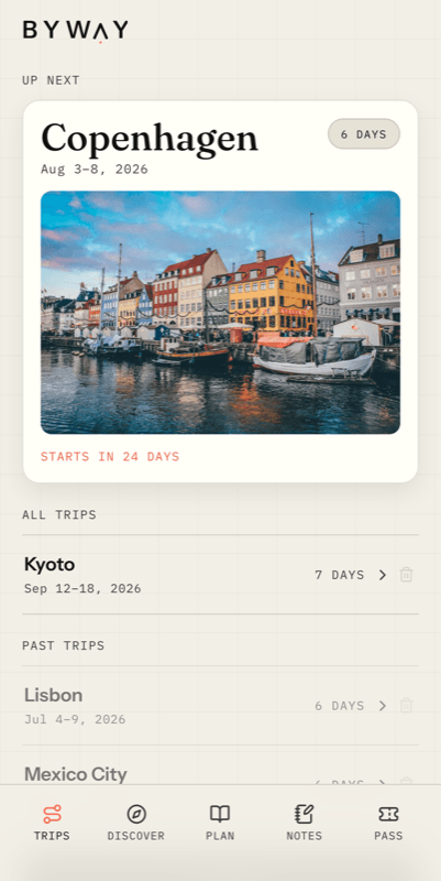 Byway app trips screen showing an upcoming Copenhagen itinerary