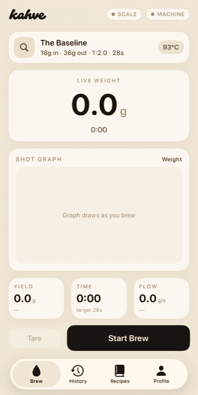 Kahve app brew screen showing live weight, shot graph, and brew targets