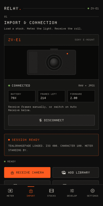 Relay app import screen showing a connected camera, film stock session, and receive controls