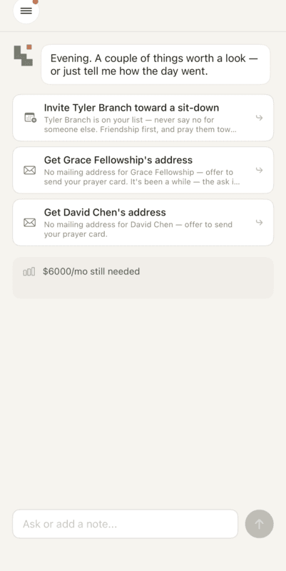 Wendly app home screen showing the assistant's daily suggestions for staying in touch